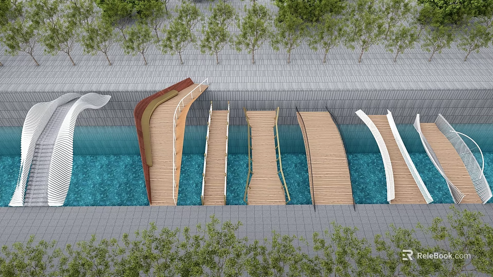 Landscape Bridge with Wooden Paths Curved White Arches over Blue Water and Green Trees 3d model 
