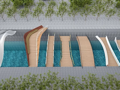 Landscape Bridge with Wooden Paths Curved White Arches over Blue Water and Green Trees 3d model