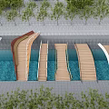Landscape Bridge with Wooden Paths Curved White Arches over Blue Water and Green Trees