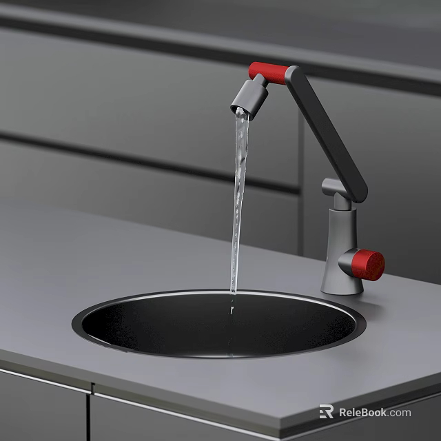 Modern Kitchen Faucet With Red Handles And Black Sink Running Water On Gray Countertop 3d model 