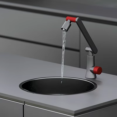 Modern Kitchen Faucet With Red Handles And Black Sink Running Water On Gray Countertop 3d model