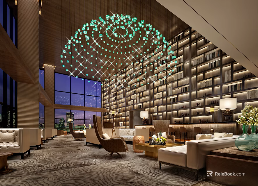Modern Luxury Hotel Lobby Interior With Artistic Chandelier Bookshelf Wall And Lounge Sofas 3d model 