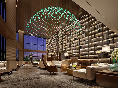 Modern Luxury Hotel Lobby Interior With Artistic Chandelier Bookshelf Wall And Lounge Sofas 3d model