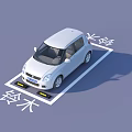 White Suzuki Hatchback Car Parked in Marked Parking Space With Yellow Parking Sensors