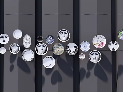 Artistic Decorative Plates With Diverse Designs Arranged On Dark Wall For Home Decoration 3d model