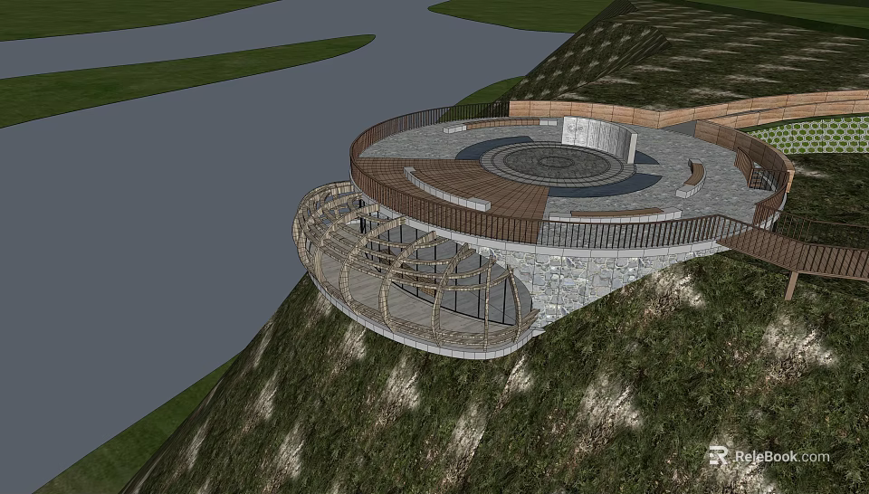 Circular Road Facilities Featuring Viewing Platform Railings Hillside And Water Area 3d model