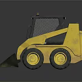Yellow Skid Steer Loader with Black Cab Bucket Large Tires and Reflection on Black Background