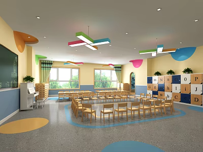 Kindergarten Classroom Interior With Wooden Tables Chairs Alphabet Decorations Colorful Lights And Potted Plants 3d model