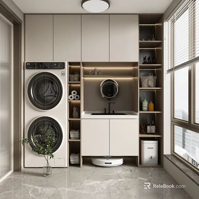 Modern Home Balcony Setup With Washing Machine Dryer Storage Cabinets Sink And Potted Plant 3d model 