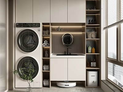 Modern Home Balcony Setup With Washing Machine Dryer Storage Cabinets Sink And Potted Plant 3d model