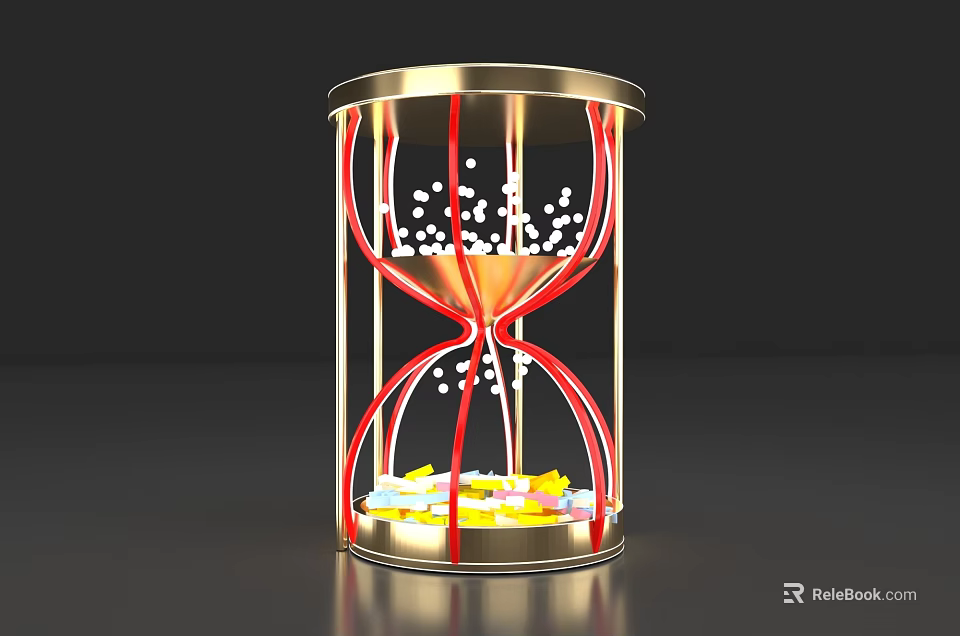 Golden Frame Hourglass With Red Lines White And Yellow Sand Grains 3d model 