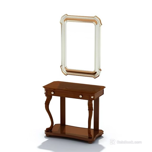 Classic Wooden Dressing Table With Elegant Mirror And Curved Leg Design 3d model 
