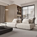 Modern Living Dining Room Interior With Beige Sofa Black Coffee Table Large Windows And Rug