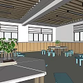 School Classroom Interior With Tables Blue Stools Shelves Blackboard And Plants