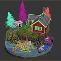 Old Wooden Boat And Small Rowboat Near Red House By Waterfront With Green Trees