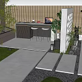 Modern Garden Landscape Design With Green Lawn Stone Pathway Seating Area And Water Feature