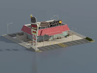 Fast Quiet Restaurant Exterior Featuring Red Roof Burger Fries Signs And Parking Lot 3d model