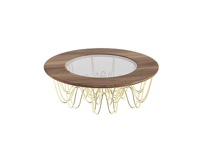 Round Coffee Table With Wooden Top Glass Center And Golden Metal Base Design 3d model