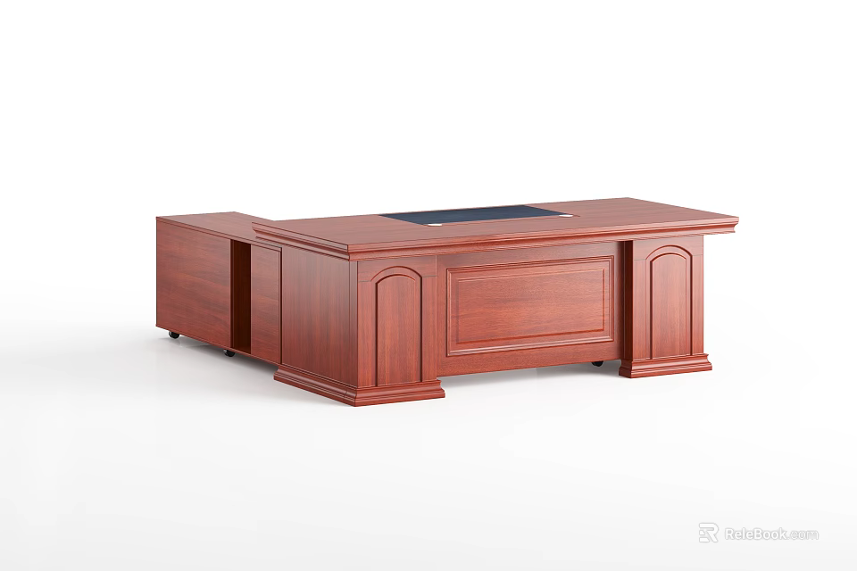 Wooden Executive Office Desk With Brown Finish Side Cabinet And Black Writing Surface 3d model 