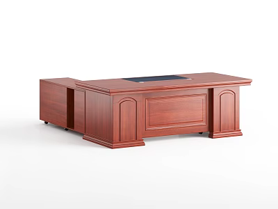 Wooden Executive Office Desk With Brown Finish Side Cabinet And Black Writing Surface 3d model