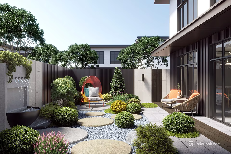 Modern Courtyard Garden Landscape With Green Plants Seating Water Fountain And Stepping Stones 3d model 