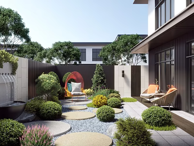 Modern Courtyard Garden Landscape With Green Plants Seating Water Fountain And Stepping Stones 3d model