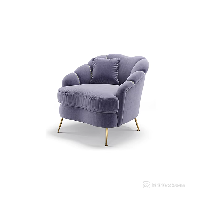 Elegant Purple Velvet Single Sofa With Gold Metal Legs And Cozy Cushioned Design 3d model 