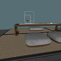 Minimalist Wooden Tea Table With Floor Cushions And Tea Set On Natural Mat