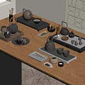 Modern Minimalist Tea Set With Teapot Teacups And Wooden Trays On Table