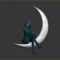 Green Costumed Character With Rabbit Ears Sitting On White Crescent Moon In Gray Background