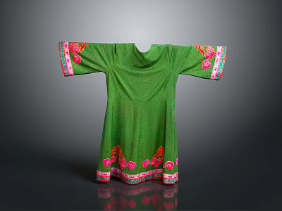 Elegant Green Traditional Dress with Pink Embroidery on Cuffs and Hem 3d model
