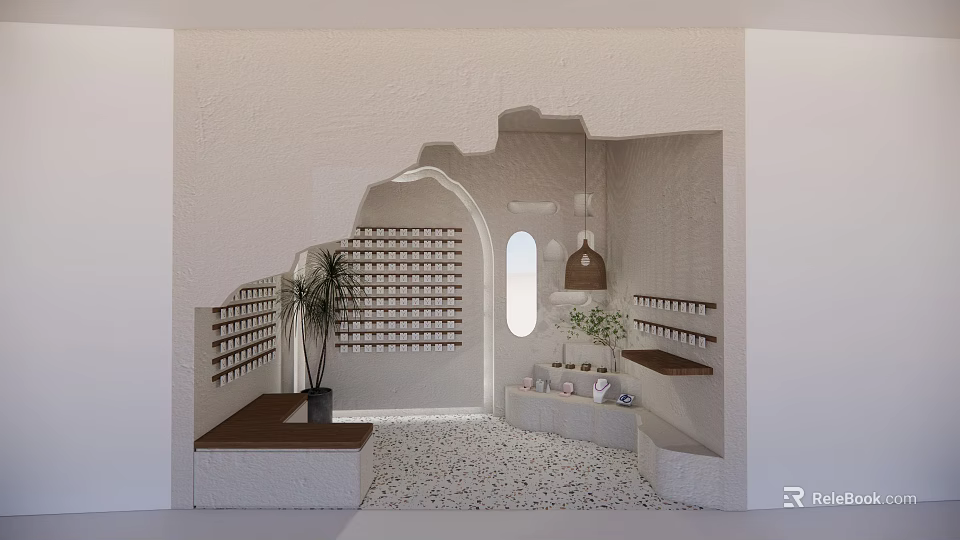 Minimalist White Specialty Store Interior with Arch Design Lattice Decor Potted Plant and Pebble Floor 3d model 
