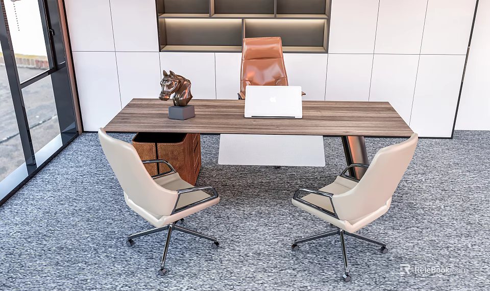 Modern Wooden Office Desk With Laptop Beige Leather Chairs And Decorative Sculpture 3d model 