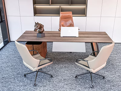Modern Wooden Office Desk With Laptop Beige Leather Chairs And Decorative Sculpture 3d model