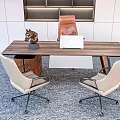Modern Wooden Office Desk With Laptop Beige Leather Chairs And Decorative Sculpture