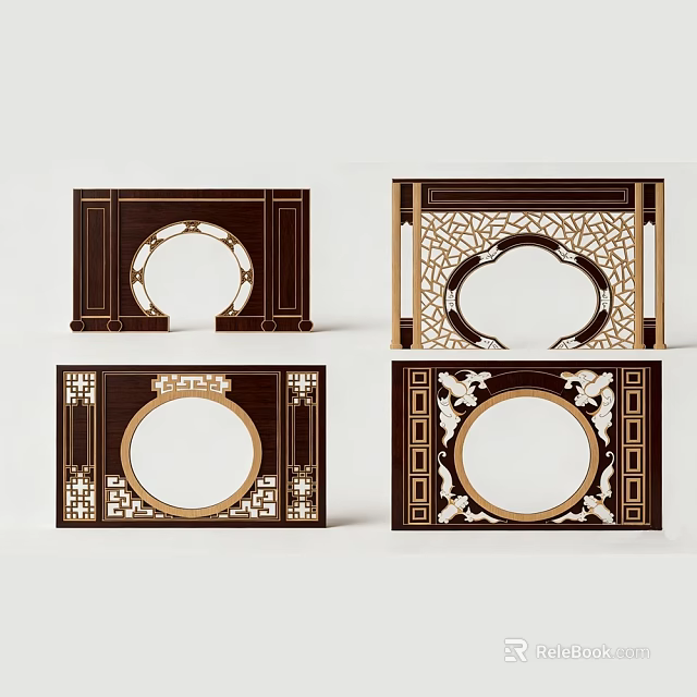 Traditional Wooden Room Dividers With Circular Cutouts And Carved Patterns 3d model 