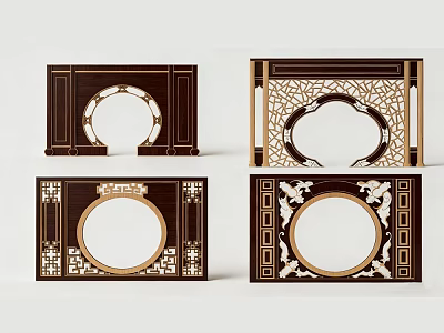 Traditional Wooden Room Dividers With Circular Cutouts And Carved Patterns 3d model