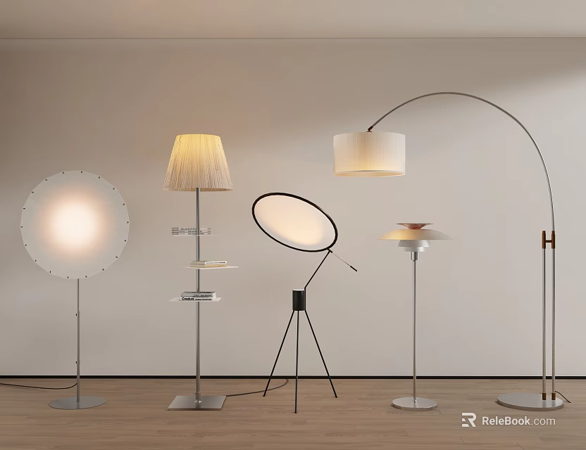 Modern Floor Lamps With Diverse Styles And Shapes In Minimalist Interior With Wooden Floor 3d model 