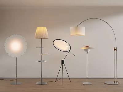 Modern Floor Lamps With Diverse Styles And Shapes In Minimalist Interior With Wooden Floor 3d model