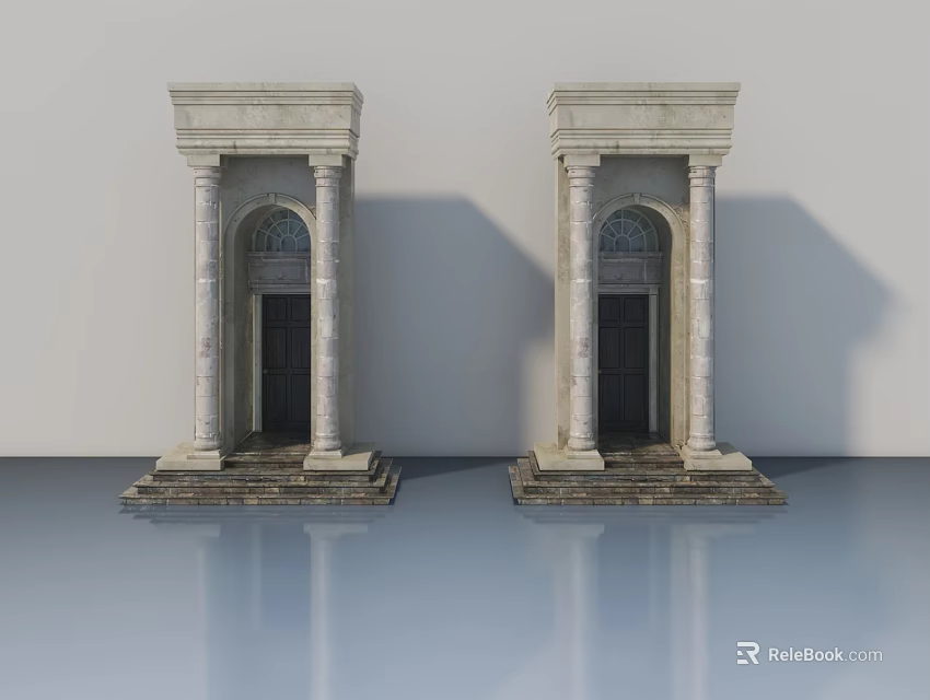 Classical Swing Door Design With Stone Columns And Arched Top Details 3d model 