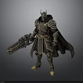 Horned Fantasy Warrior Character With Dark Armor Cloak And Large Gun Weapon