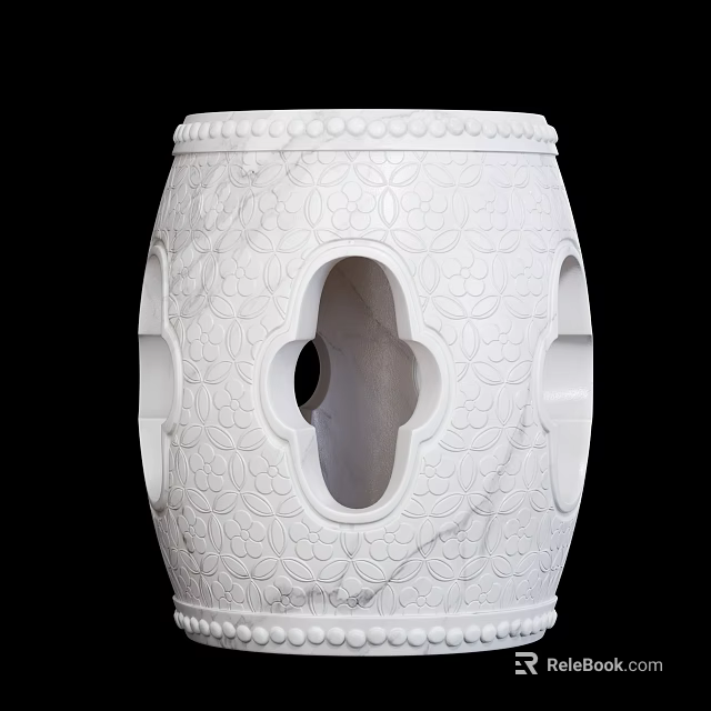 White Marble Drum Shaped Stool With Hollow Design And Carved Patterns 3d model