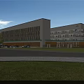 Two Connected Modern White School Buildings With Spacious Front Lawn And Trees