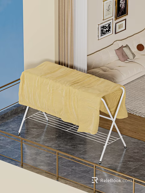 Cozy Home Balcony Featuring White Folding Drying Rack With Yellow Cloth 3d model