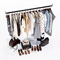 Various Clothes on Hanger with Different Styles and Accessories Like Bags Shoes Hats