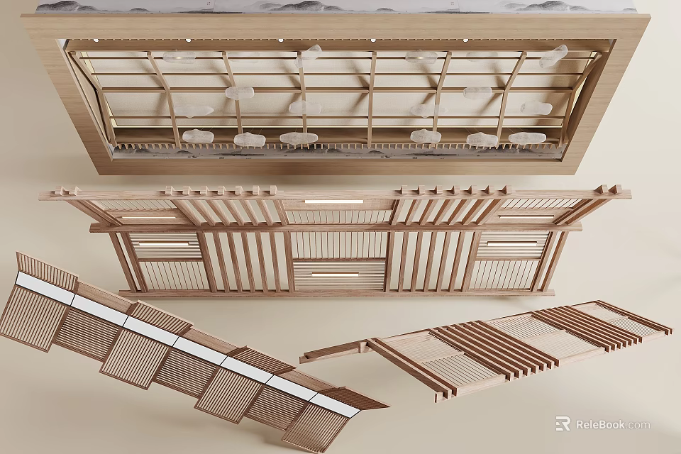 Modern Wooden Ceiling Design With Layered Slats And Grid Pattern Structure 3d model 