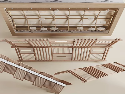 Modern Wooden Ceiling Design With Layered Slats And Grid Pattern Structure 3d model
