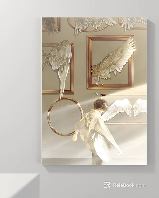 Abstract Painting Featuring Angel Wings In Golden Frames With White Feathers And Circular Ring Decor 3d model 