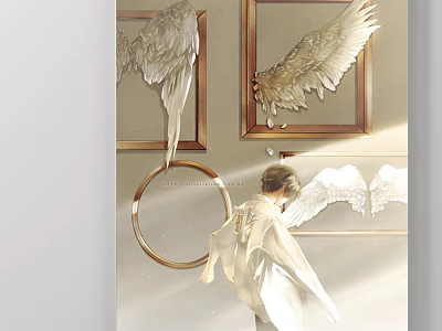 Abstract Painting Featuring Angel Wings In Golden Frames With White Feathers And Circular Ring Decor 3d model