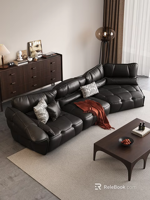 Modern Living Room Black Leather Sofa And Coffee Table Set With Decorative Pillows And Throw Blanket 3d model 